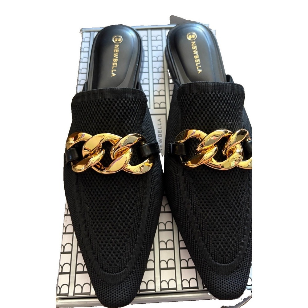 NewBella Women's Size 8 Black Knit Mule Loafers Gold Chain Slip On NWT